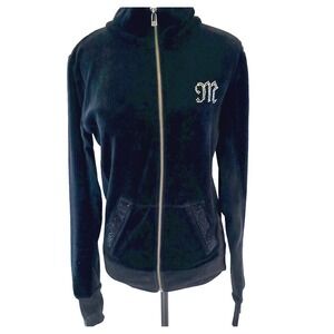 Y2K Miss Me Womens M Black Velour Full Zip Track Jacket‎ Hoodie Bling Rhinestone